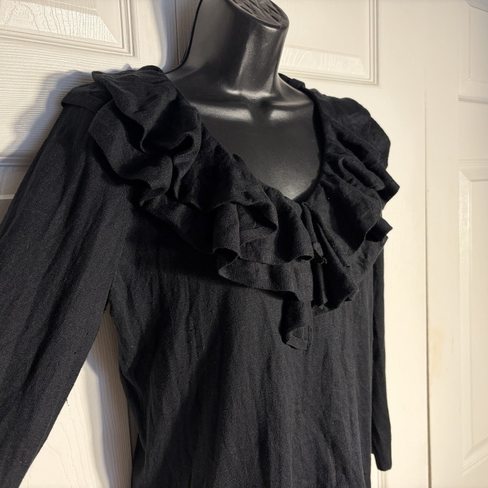 Vintage Lauren Ralph Lauren Silk Blend Sweater Women L Black Y2K Ruffle V Neck